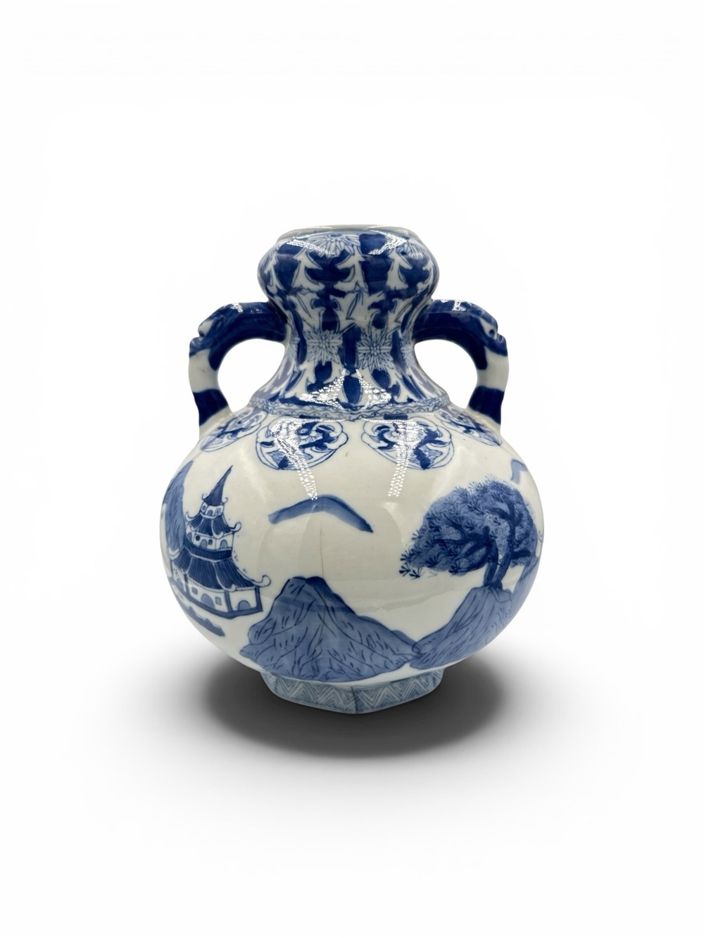 Vintage 1960s Blue & White Ceramic Chinoiserie Vase Handled Chinese Vase 13”